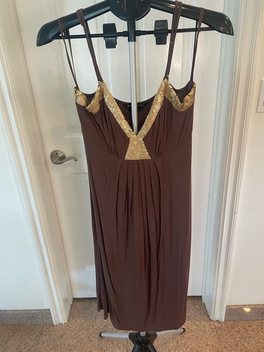BCBGMaxAzria Brown Spaghetti-Strap Top with Gold Logo Tag